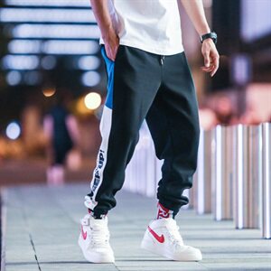 204-K2001-P35春夏日系潮流侧边拼色条纹字母印花束脚运动休闲男图片