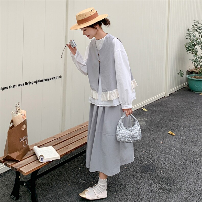 蕾丝拼接马甲阔腿裤套装女春2025新款两件套小香风打底衫三件套,女装套装/套裙,2C261