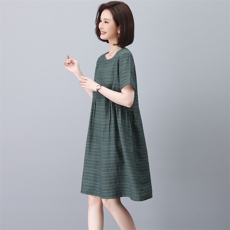 中年今年流行条纹连衣裙女夏季宽松减龄显瘦遮肚妈妈休闲中长裙子,女装连衣裙,忆绮罗