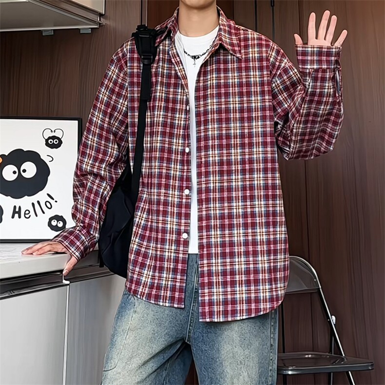 C5070/P40秋装新款格子衬衫男士衬衣外套休闲大码宽松港味上衣,男装衬衫,电商A141