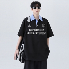 潮牌高级美式复古衬衫领拼接印花假两件POLO衫半袖T恤T354-P48，男装Polo衫，电商C307