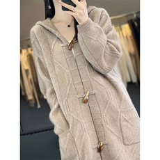 连帽100%纯羊毛开衫女提花宽松牛角扣加厚针织毛衣外套带兜羊绒衫，女装羊毛衫，绒汀羊绒