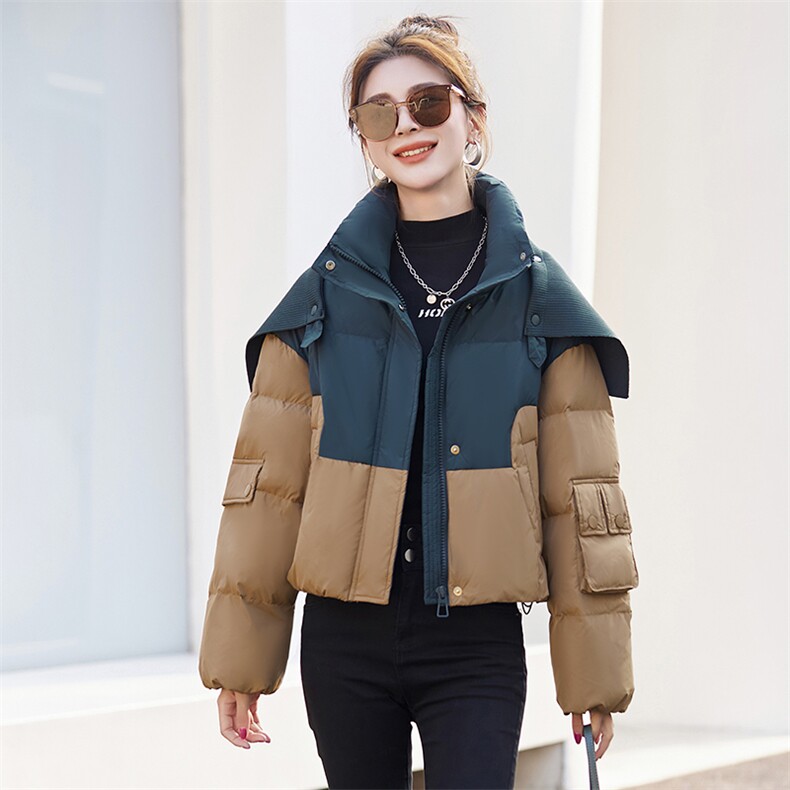 撞色立领羽绒服女短款2023冬季新款小个子加厚针织披肩面包服外套,女装羽绒服,众宇琦