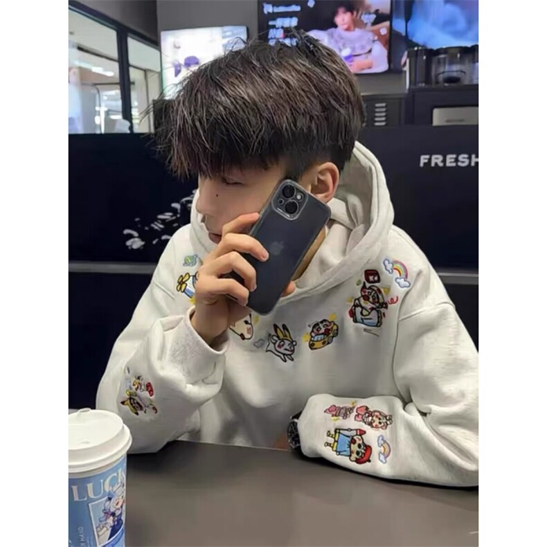 潮流气质ins文艺时尚原宿简约新款日系流行慵懒连帽刺绣卫衣百搭图片