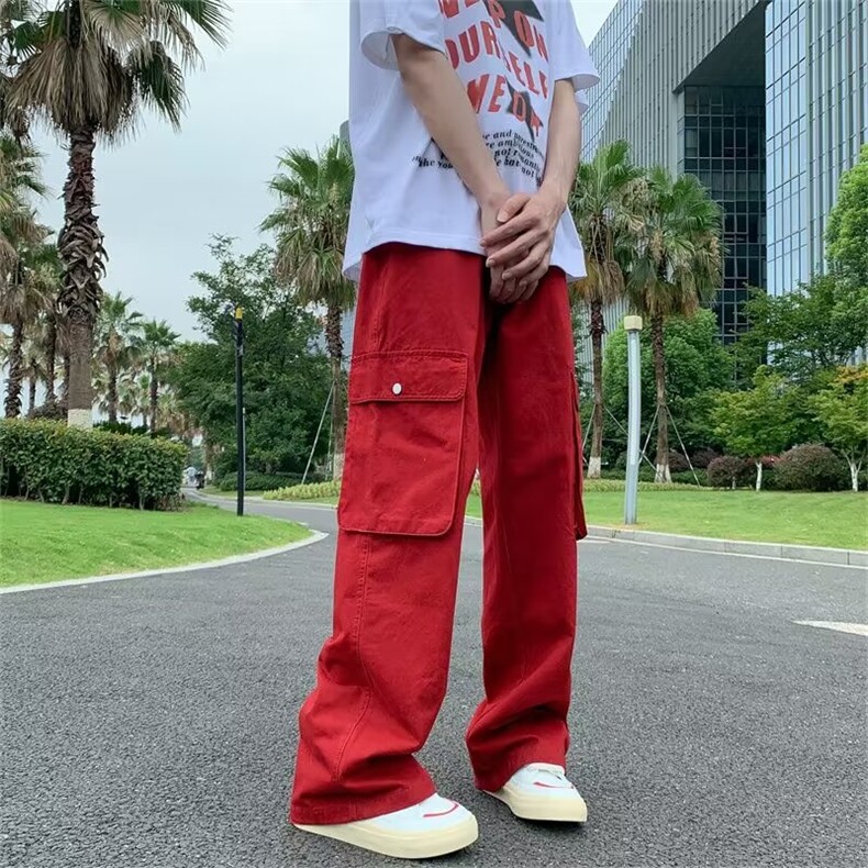 美式多口袋工装裤男士夏季痞帅宽松直筒长裤bf潮牌高街机能风裤子,男装休闲裤,四季星座218-1