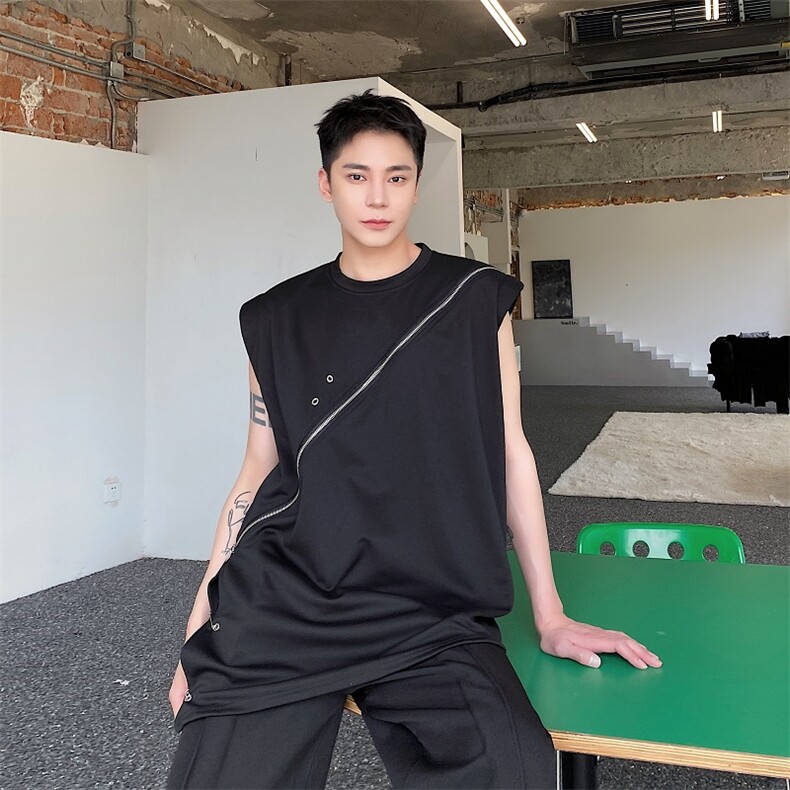 小众解构立体金属设计背心男不规则剪裁无袖T恤宽松A345-277-P75,男装背心/马甲,电商A345