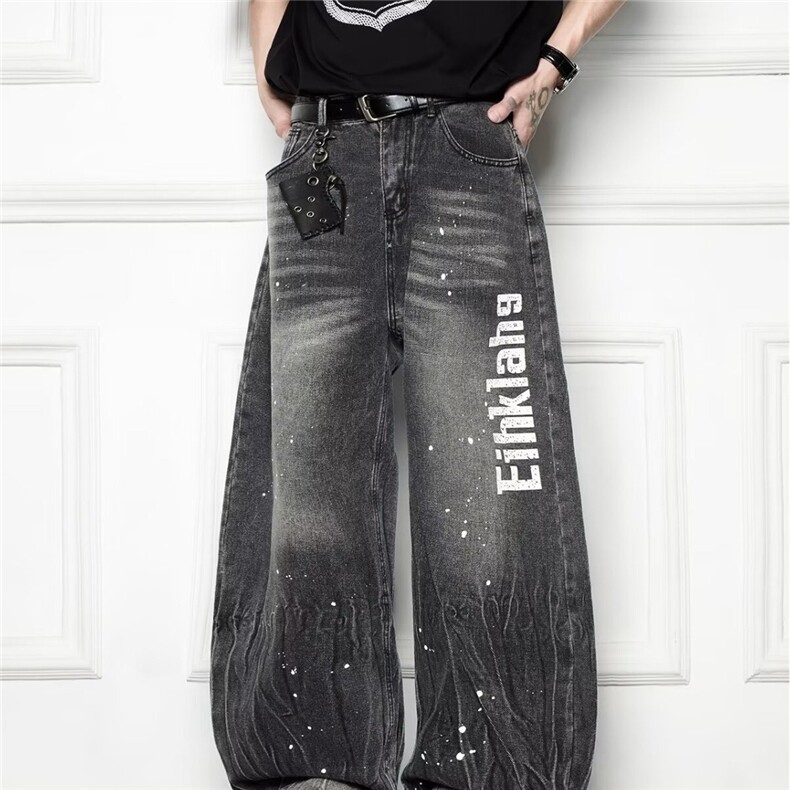 美式复古泼墨水洗阔腿牛仔裤男女夏做旧宽松休闲弯刀裤AM6072P55，男装牛仔裤，星座1013-5