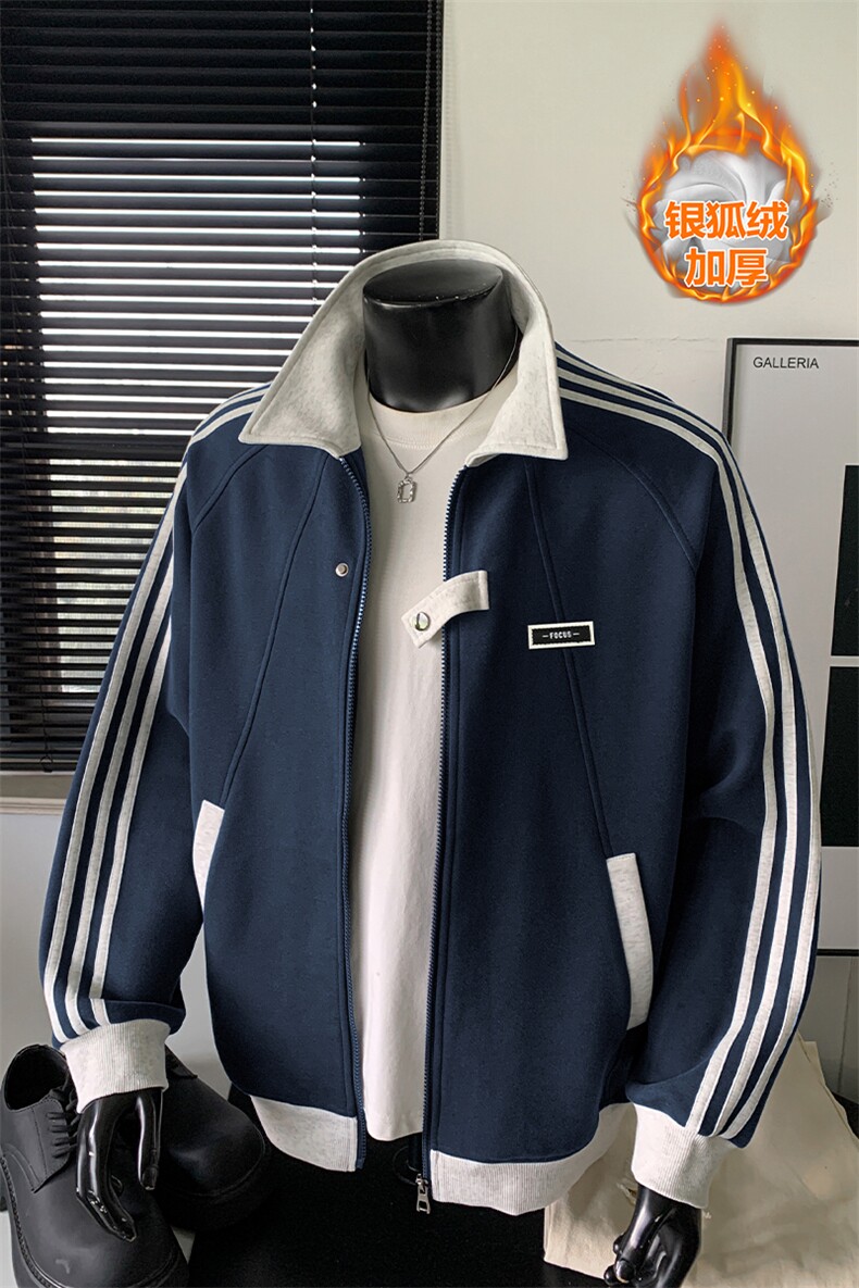抗寒银狐绒500g重磅华棉三条杠拼接卫衣男W50891J加绒-特P55控108,男装卫衣,电商A001