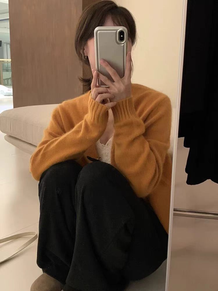 羊毛衫针织开衫女秋冬纯色V领洋气百搭短款外套潮图片