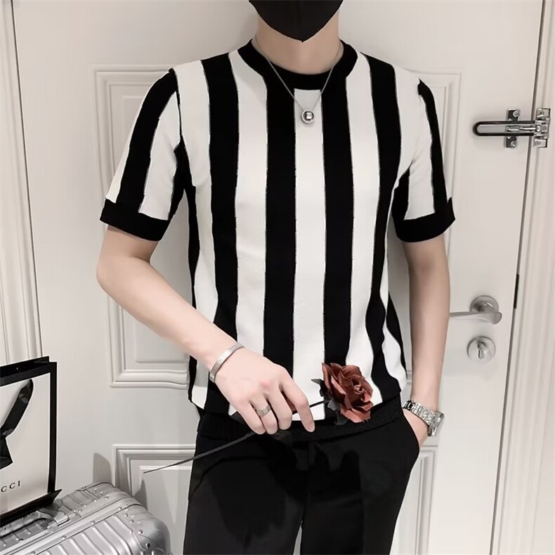 竖条纹短袖针织衫男春夏季潮牌打底衫男装上衣服简约半袖体恤S250,男装针织衫/毛衣,星座1116A-2（原606A-1）