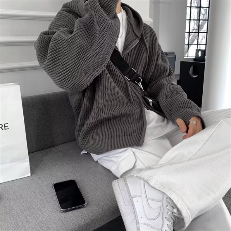 帛跃麻花毛衣外套秋冬男韩版复古chic宽松温柔拉链连帽开衫,男装夹克,星座1210-1