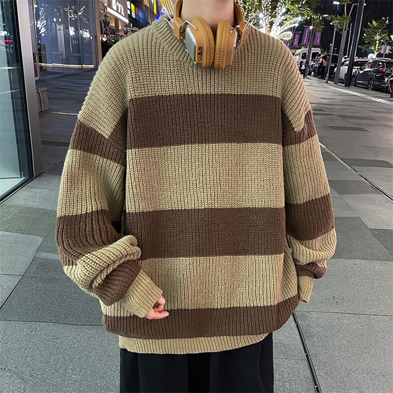 港风秋款男圆领套头毛衣条纹拼色宽松针织衫休闲外套M6007P45,男装针织衫/毛衣,星座1013-1