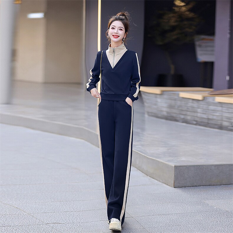 春秋新款时尚气质假两件套女立领卫衣修身显瘦侧条纹休闲运动套装,女装套装/套裙,梦依杭