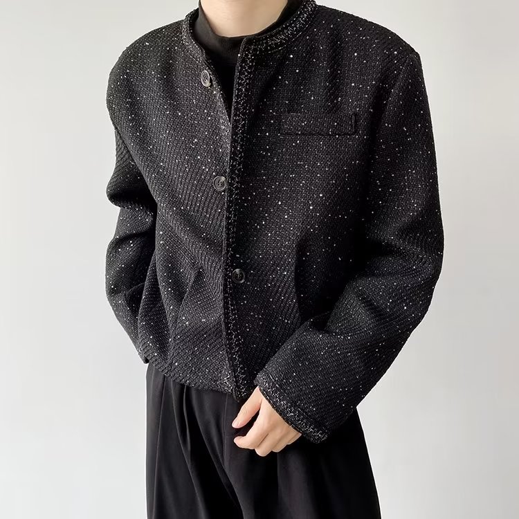 春秋轻奢高级感小香风外套男士韩版潮流时髦亮丝呢子西服痞帅气质,男装西服,星座516A