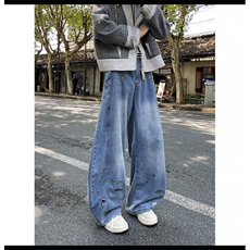 美式复古卡通刺绣嘻哈牛仔弯刀裤男女oversize洗水休闲裤，男装休闲裤，四季星座505