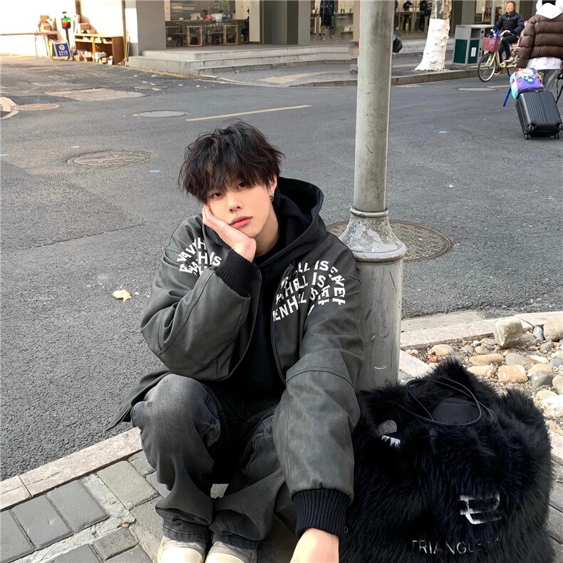 棒球领PU皮衣外套男春秋新款美式高街字母满印痞帅宽松夹克JK687,男装夹克,星座1116A（原606A-3）