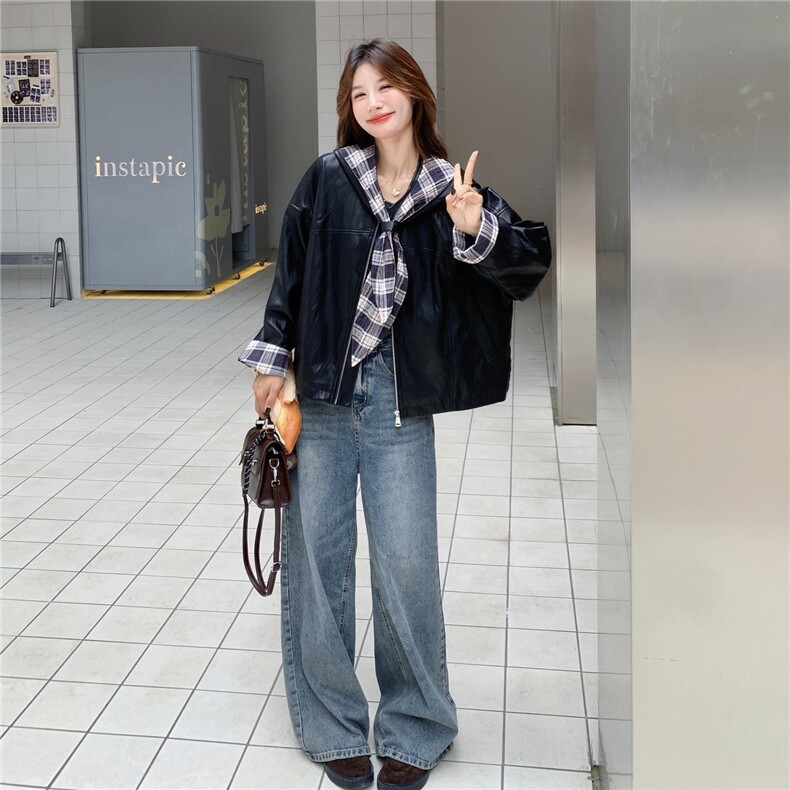 复古拼接连帽皮衣外套女2026新款机车服夹克2C227/3309/P165K238,女装皮衣,2C227
