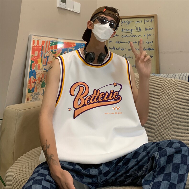 港风纯棉夏季休闲拼色螺纹印花网眼篮球背心男女T6927P35控48,男装背心/马甲,电商A268A