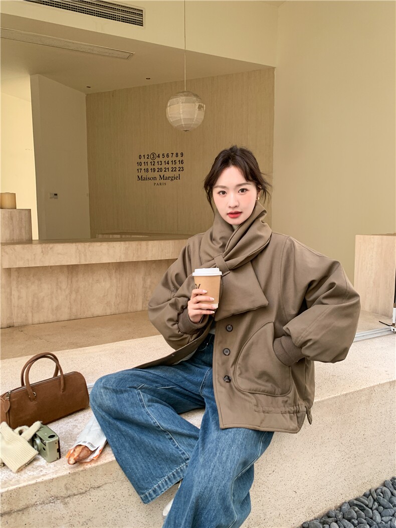 韩系拼接撞色格子围巾短款羽绒服女2025冬立领宽松小个子减龄外套,女装羽绒服,艾米莉亚