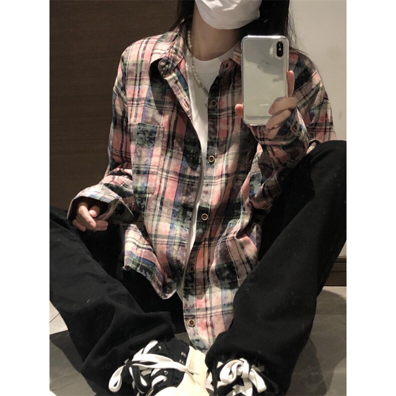 【有货】粉色格子衬衫男女款vintage美式复古长袖衬衣C54LL-特P45图片