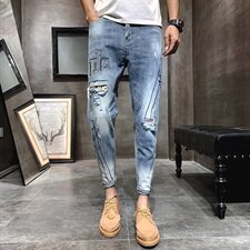 2021新款烫钻印花弹力牛仔裤男修身小脚裤九分裤QT6027-1025，男装牛仔裤，电商D218