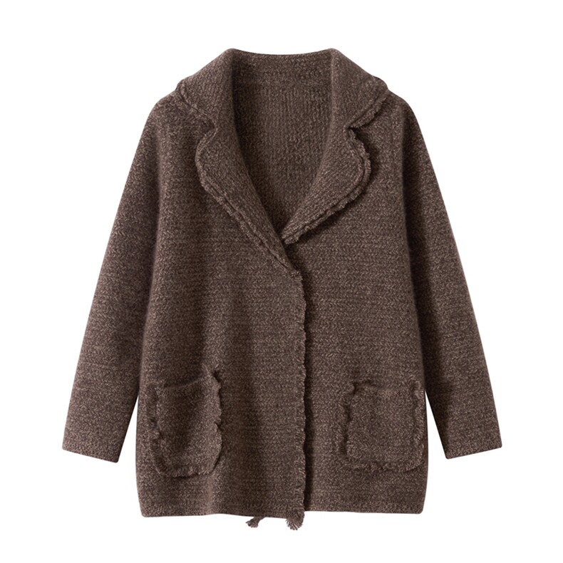 2025年秋季新款百搭女士花纱流苏边西装领，女装羊绒衫，品秋羊绒