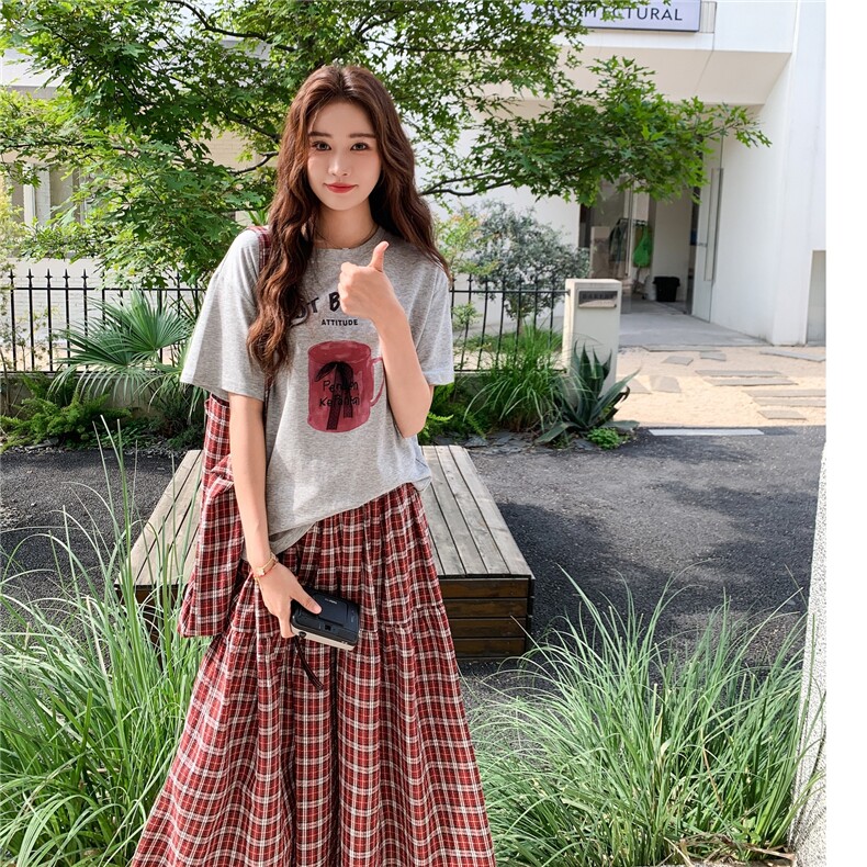 韩版印花短袖撞色格纹半身裙套装女2025夏季新款显瘦学院风两件套,女装套装/套裙,2C203