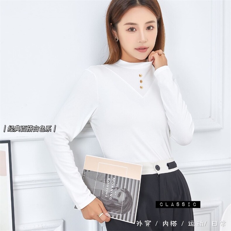 2024年秋冬季纯色半高领纽扣打底衫简约休闲长袖T恤时尚通勤上衣，女装T恤，君汇