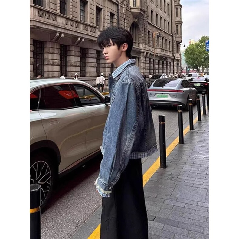 美式复古格子拼接假两件牛仔外套男女cleanfi设计感宽松情侣夹克,男装工装外套,星座506A