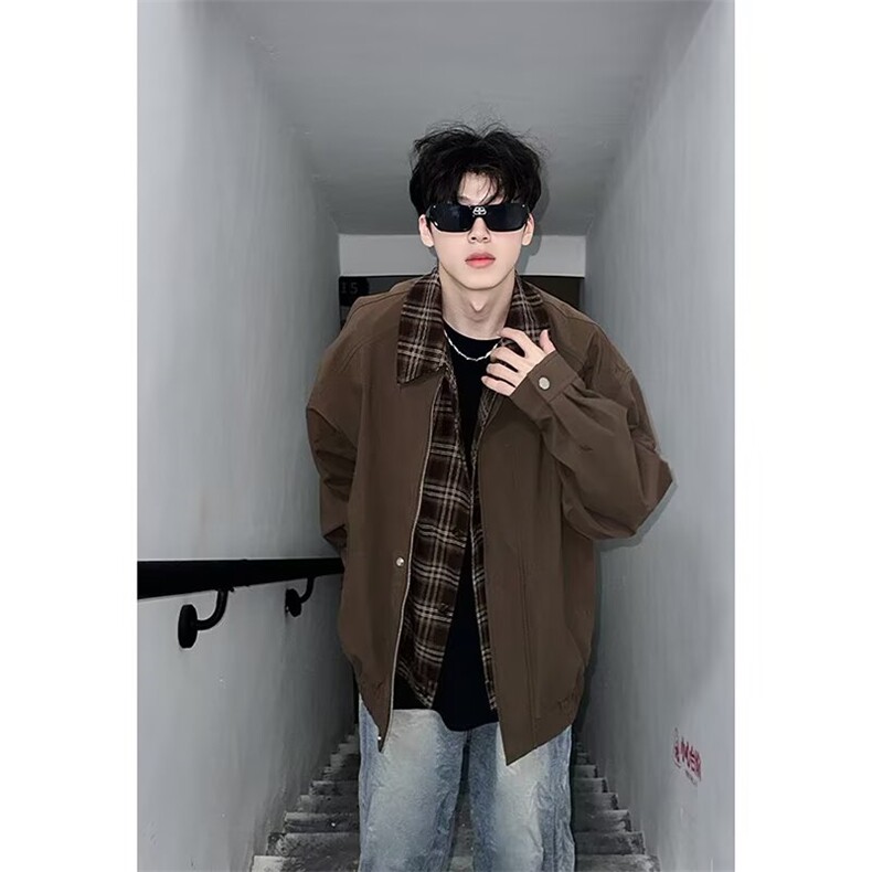 美式复古休闲夹克男生秋季假两件设计外套cleanfit宽松大码上衣服,男装夹克,星座310A-4