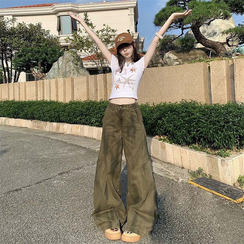 美式复古扎染褶皱弯刀工装裤男女宽松阔腿cleanfit裤YD9020-P70,男装牛仔裤,星座509