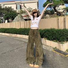 美式复古扎染褶皱弯刀工装裤男女宽松阔腿cleanfit裤YD9020-P70，男装牛仔裤，星座509