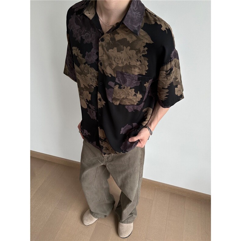 花色短袖衬衫男高级感冰丝垂感寸衫新款夏季潮流休闲衬衣CA6722,男装T恤,星座1116A（原606A-3）