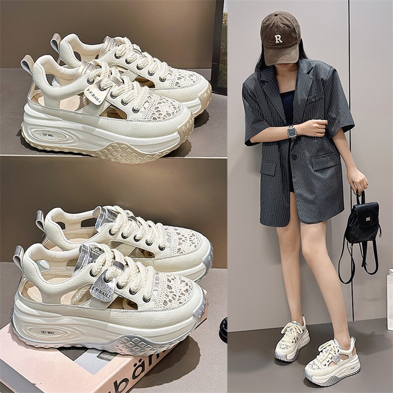 真皮镂空凉鞋女2024夏新款厚底女鞋百搭透气休闲老爹增高小白鞋女,女鞋凉鞋,星座1407-3