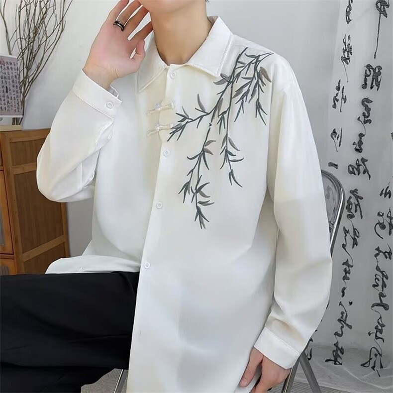 新中式风长袖衬衫男装春秋宽松刺绣衬衣夏季短袖C601,男装衬衫,星座1116A-1（原606A）