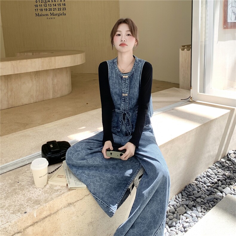 08.14设计感深蓝色复古牛仔阔腿裤套装,女装套装/套裙,2B237