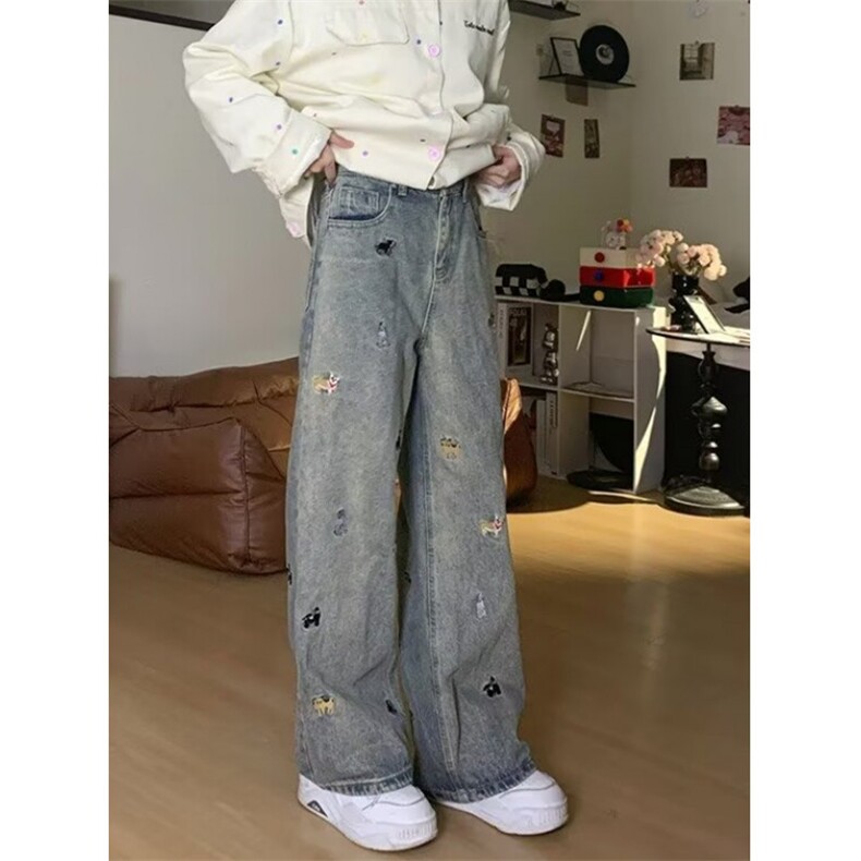 复古小狗刺绣阔腿牛仔裤女春秋新款设计感高街显瘦拖地裤N838,男装牛仔裤,星座1116A（原606A-3）