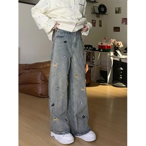 复古小狗刺绣阔腿牛仔裤女春秋新款设计感高街显瘦拖地裤N838