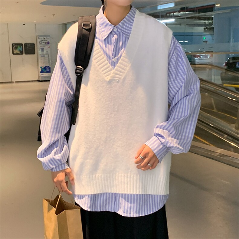 V领针织马甲春秋季dk制服学院风开叉毛衣背心宽松慵懒风M131-P38，男装背心/马甲，星座512-2