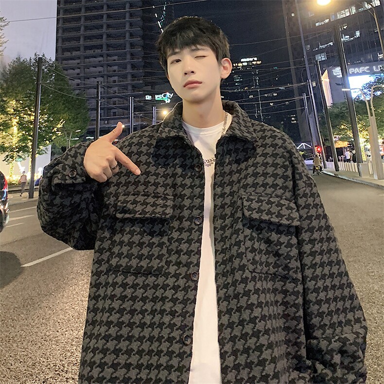 千鸟格外套男2025秋季潮牌痞帅高级感大码百搭衬衫毛呢小香风夹克,男装夹克,电商A001-1