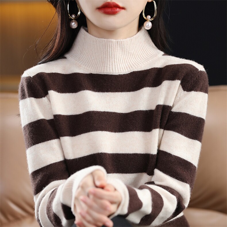 羊毛七针彩条半高女2024新款韩版宽松显瘦套头毛衣,女装羊毛衫,桦兴羊绒
