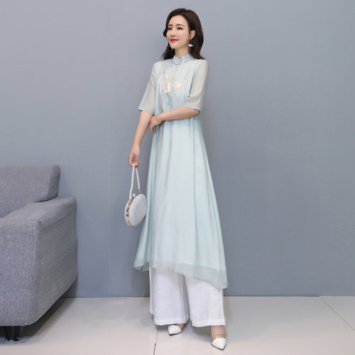 芷墨原创时尚风刺绣连衣裙阔腿裤两件套装茶服,女装套装/套裙,芷墨服饰