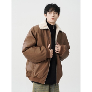 1506-1/MK8181/P76PU皮羊羔绒夹克棉服男女冬季保暖翻领棉衣图片