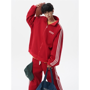 8XL-M条纹撞色开衫新年红卫衣运动套装潮牌运动服校园风TZ114P118图片