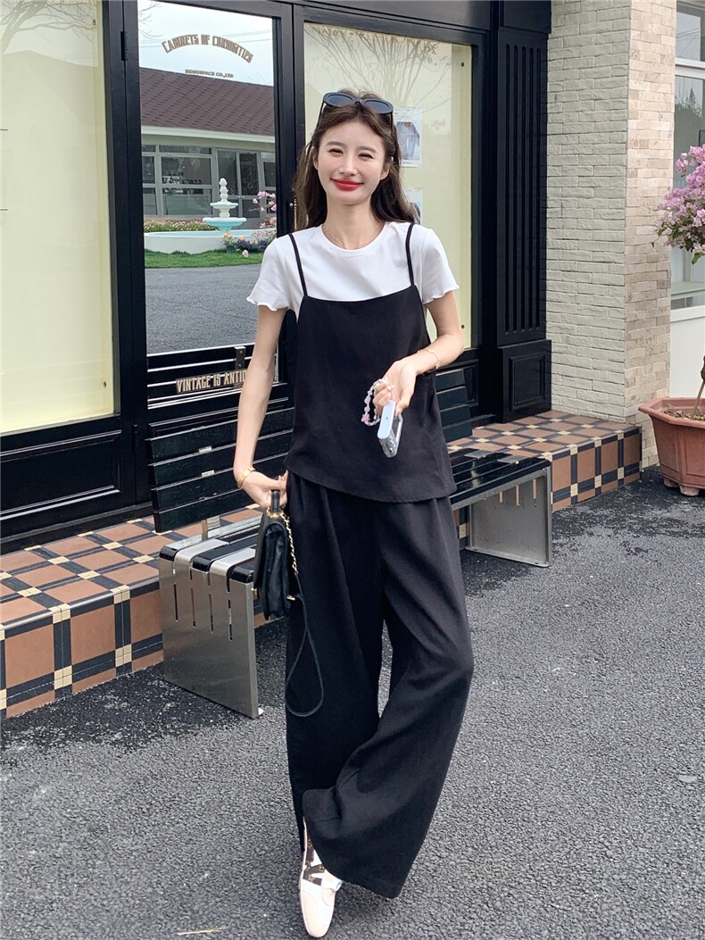 松弛感懒人穿搭黑色阔腿裤三件套女夏季2026新款T恤吊带休闲套装,女装套装/套裙,艾米莉亚