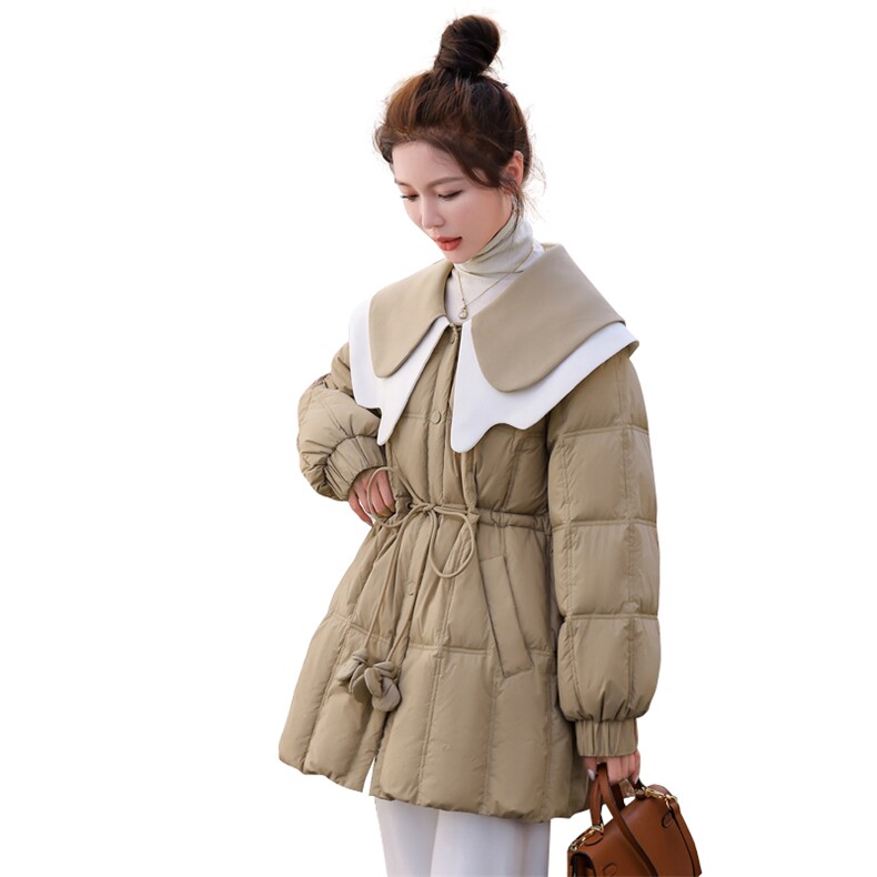 2022年冬季90白鸭绒拼接娃娃领特色气质淑女韩版羽绒服女,女装羽绒服,韩蜜菓