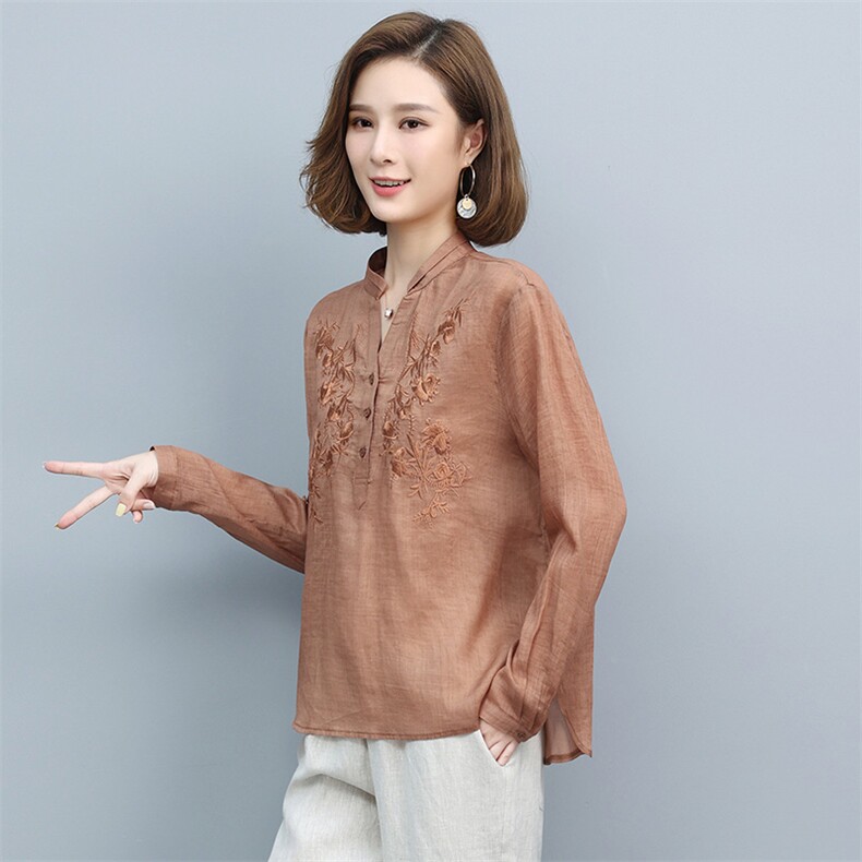 棉麻女2023春秋新款大码时尚中年妈妈苎麻上衣亚麻裤子,女装衬衫,丽影随形