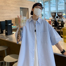 条纹短袖衬衫男夏季百搭潮流衬衣宽松休闲高街潮牌外套CS196-p30，男装T恤，星座1008-2