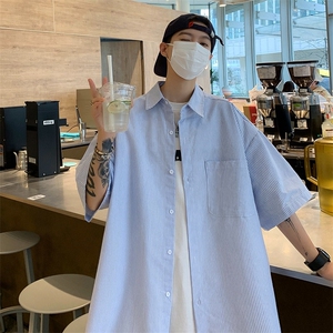 条纹短袖衬衫男夏季百搭潮流衬衣宽松休闲高街潮牌外套CS196-p30图片