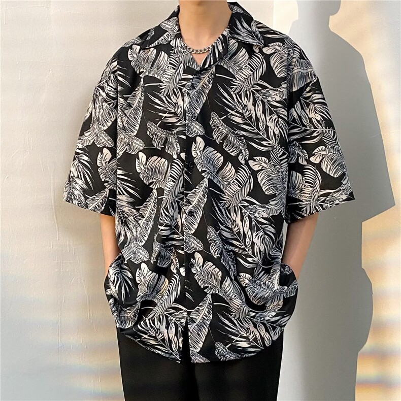 日系五分袖春夏季新款衬衫潮流慵懒男方领宽松型衬衫C1312P30,男装衬衫,星座1116-2